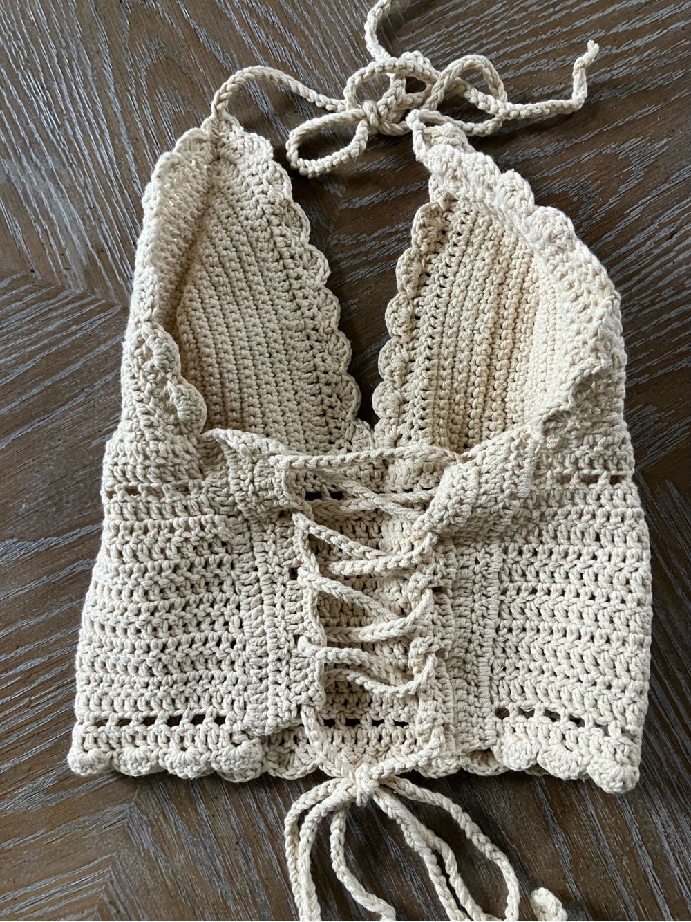 Hand-Knit Cream Halter Tank Top (XS) - Picture 2 of 5